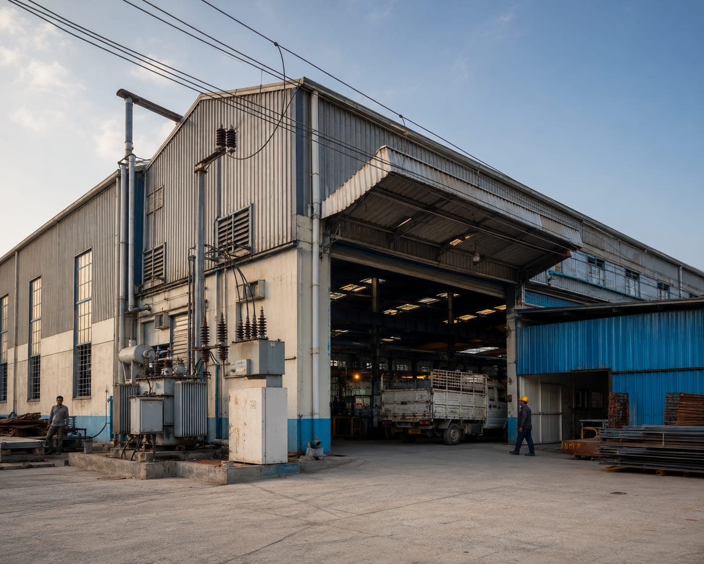 Industrial fabrication facility exterior with power infrastructure
