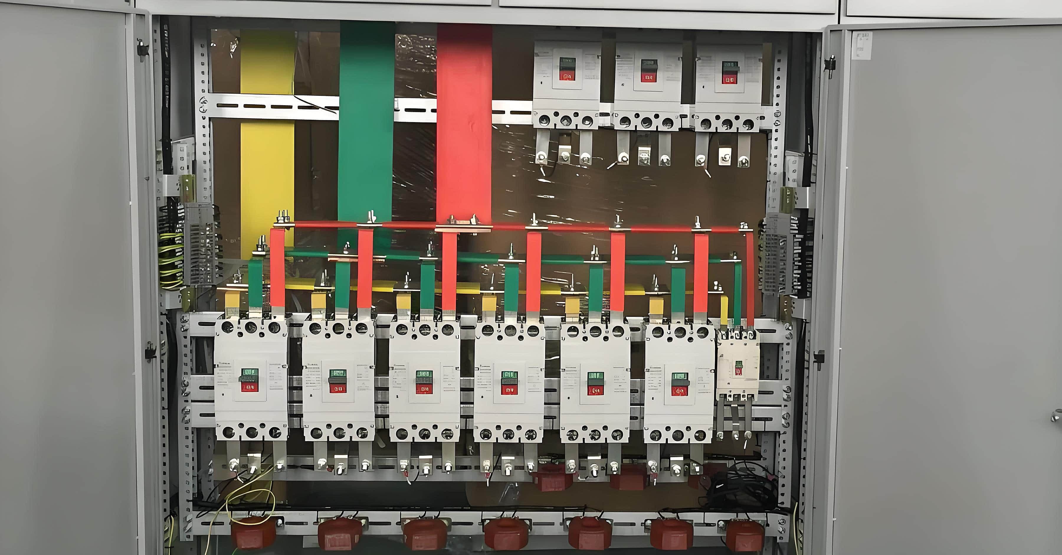 Industrial control panel line-up on a factory floor