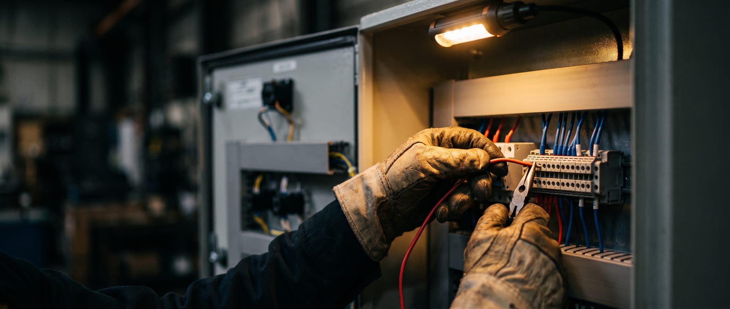 Gloved hands terminating wires inside an open industrial control panel