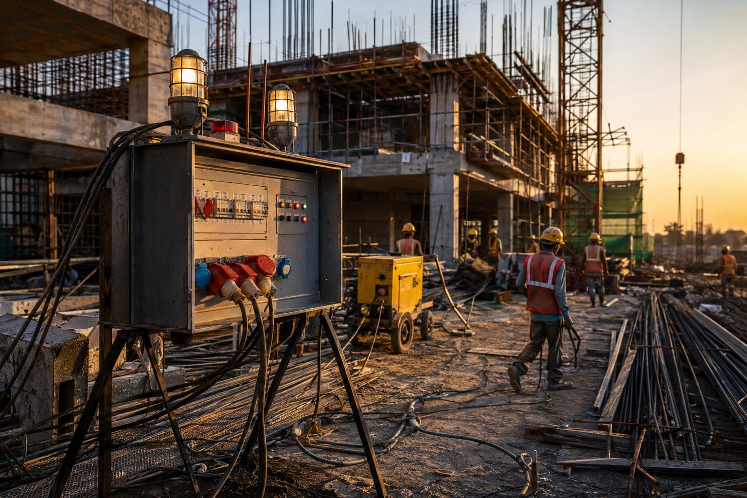 Site power distribution panel at a construction site at dusk