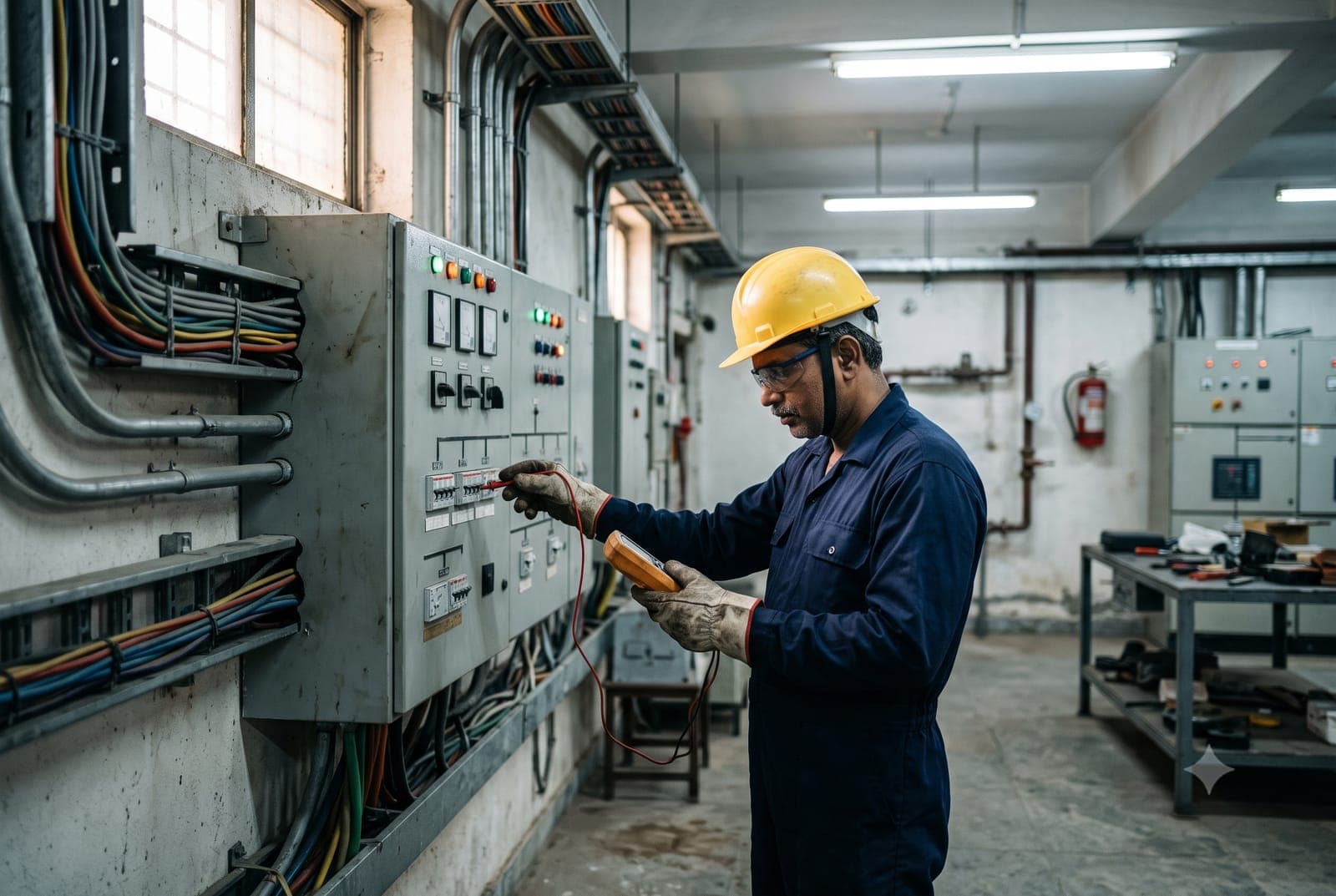 Technician servicing a campus electrical distribution panel