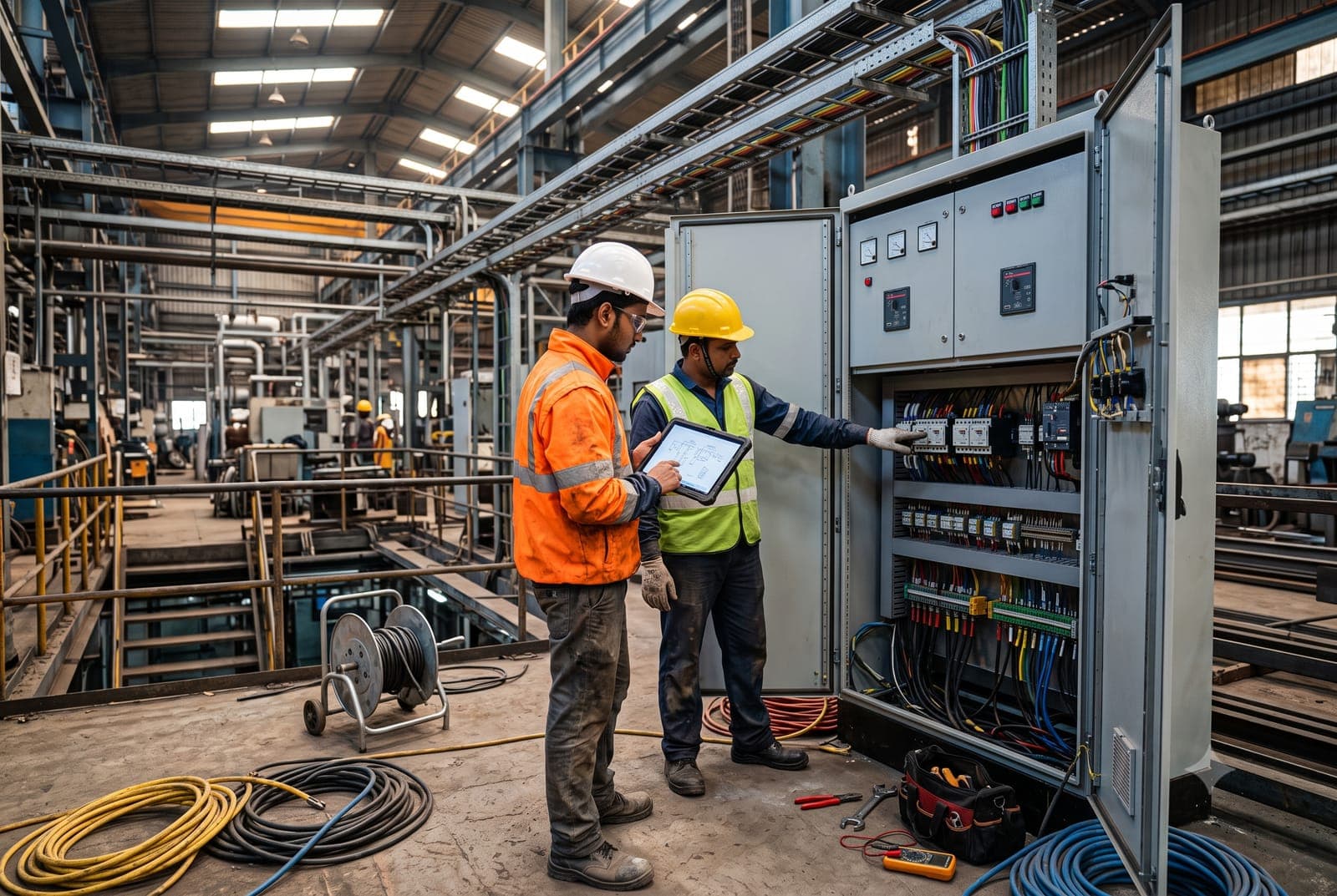 Engineers commissioning a switchgear panel during a turnkey EPC installation