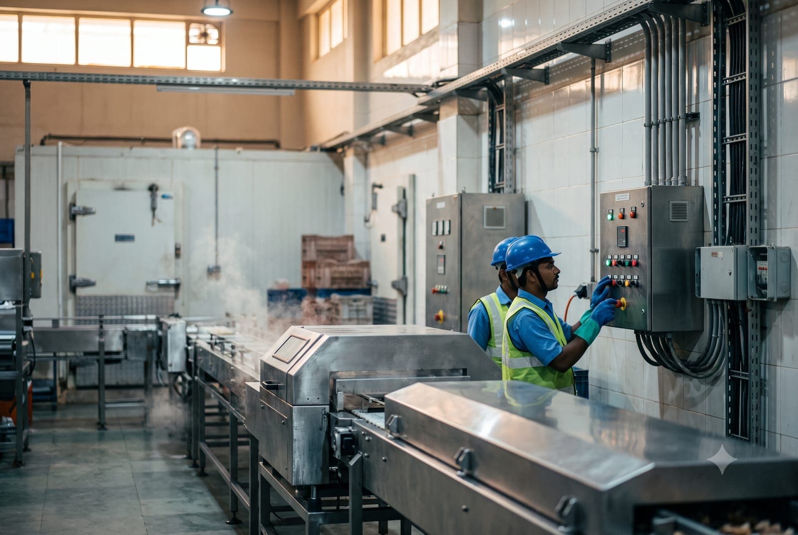 Hygienic stainless-steel control panel installed on a food processing line