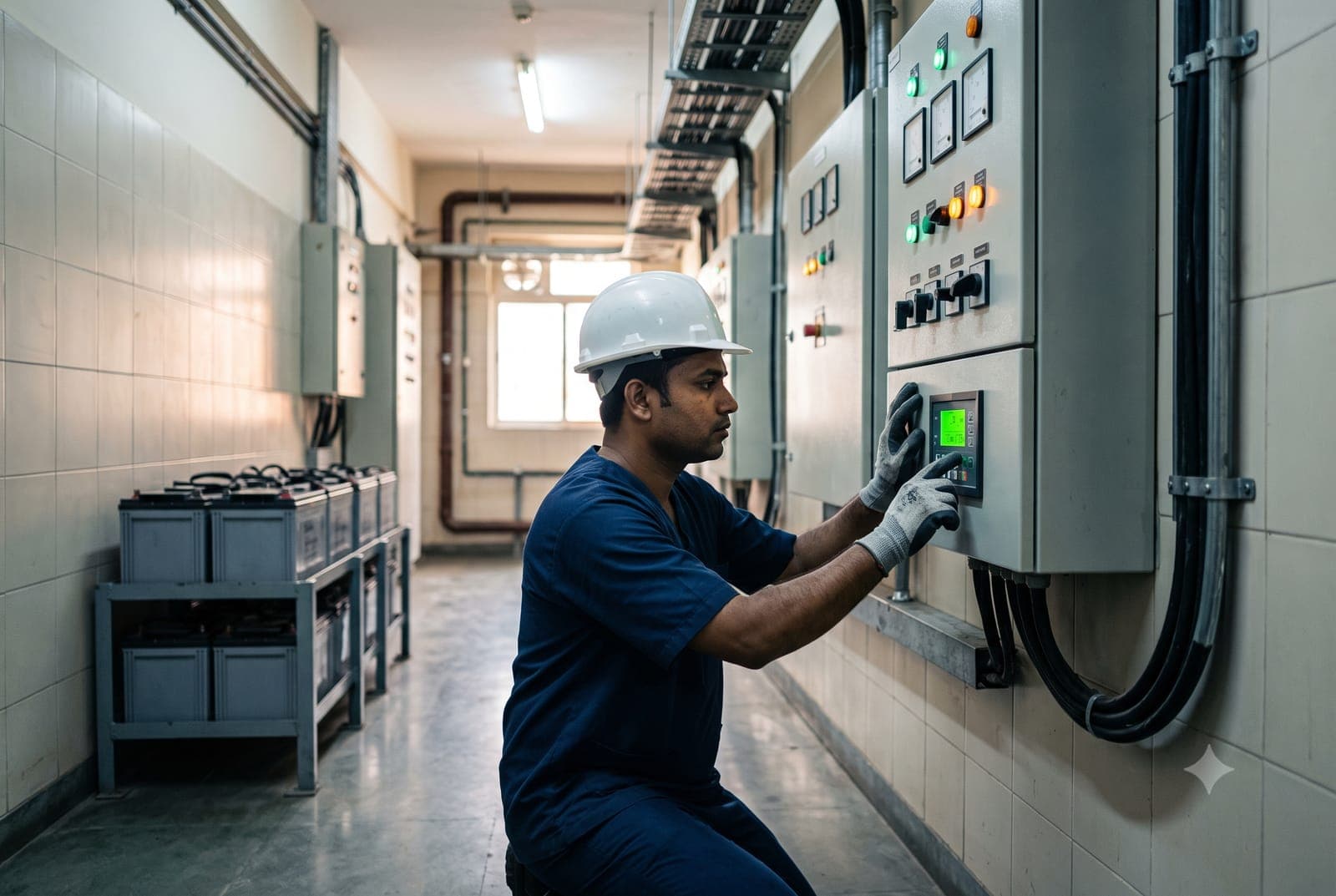 UPS-integrated backup power panel with battery bank in a hospital utility room