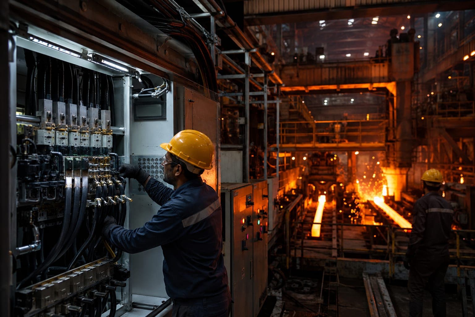 High-current switchgear panel on a steel rolling mill floor