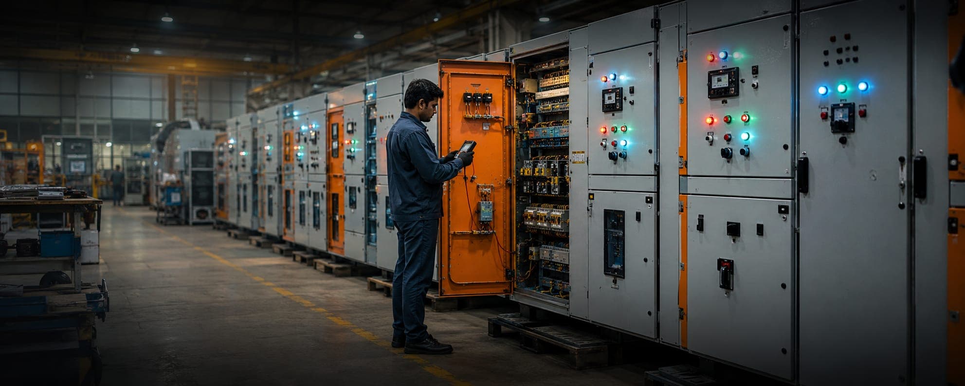 Technician testing an open industrial control panel on a fabrication floor lined with finished panels