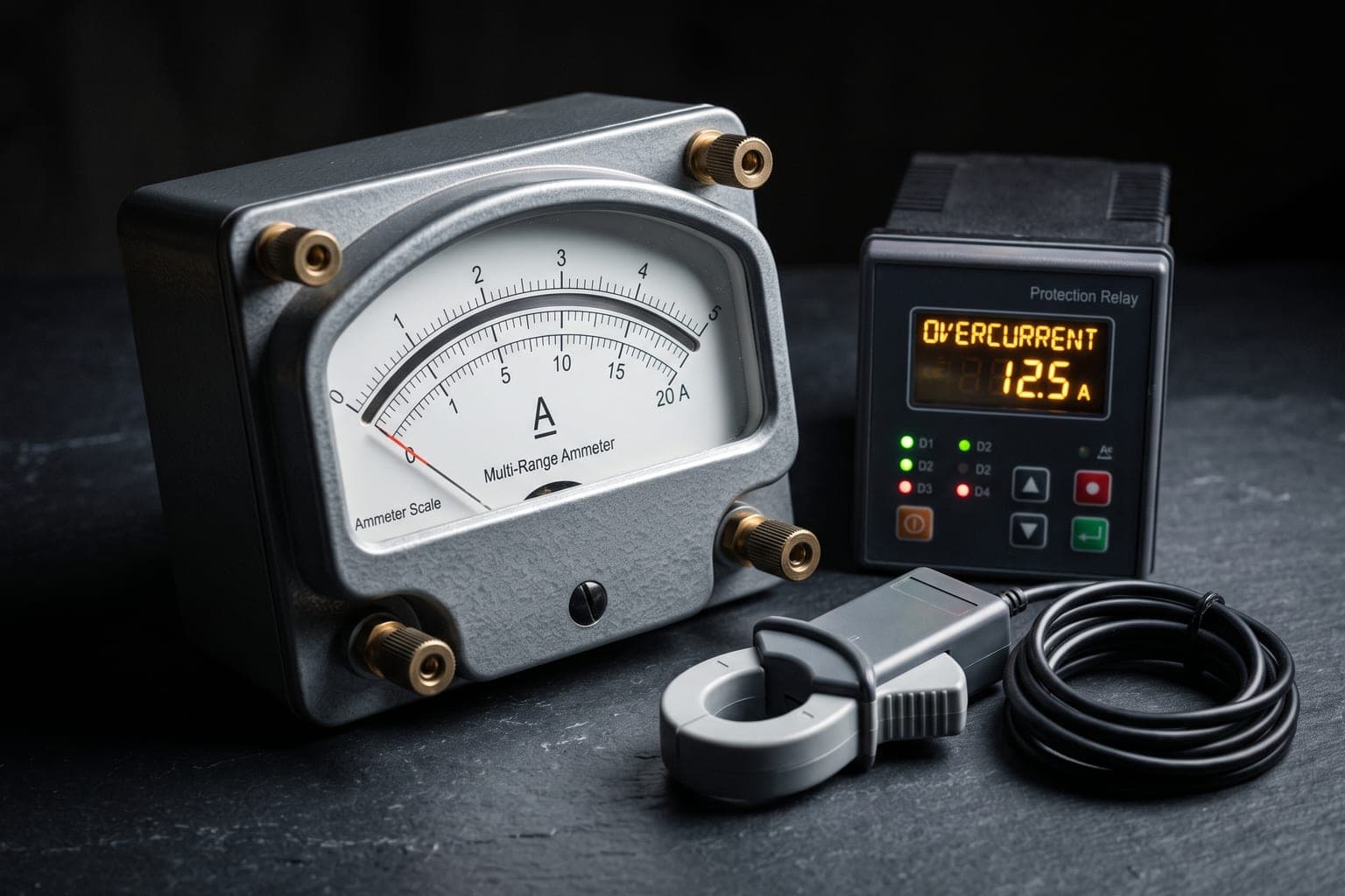 Analog multi-range ammeter, a digital protection relay and a clamp-on current sensor