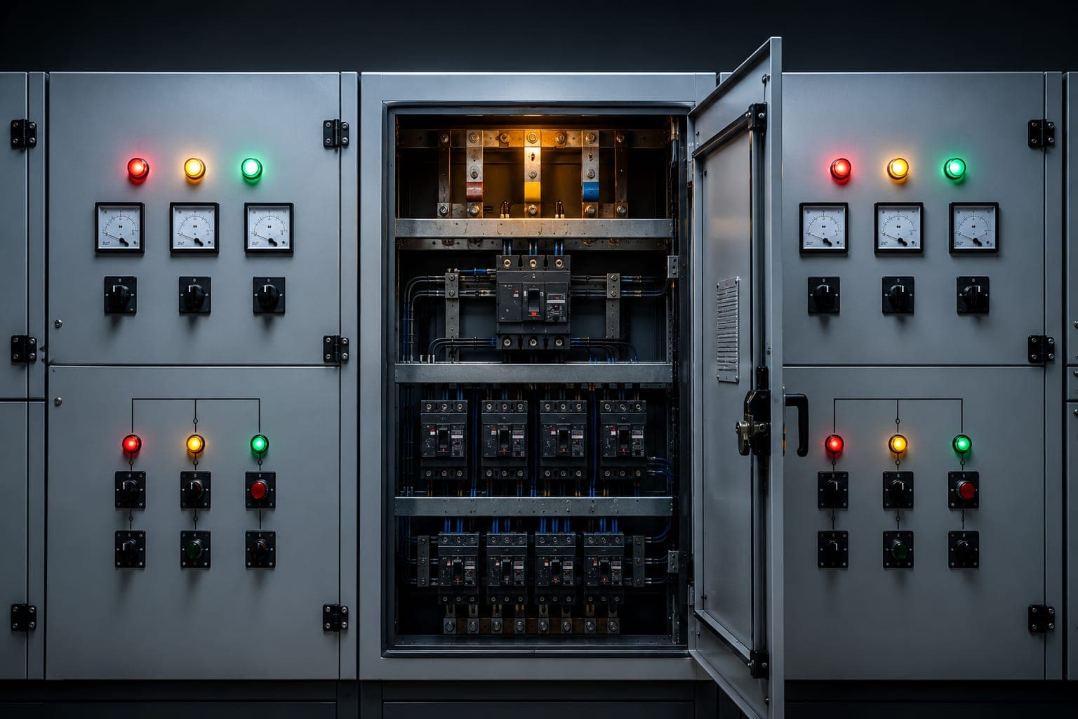 Industrial control panels with breakers, gauges and indicator lamps