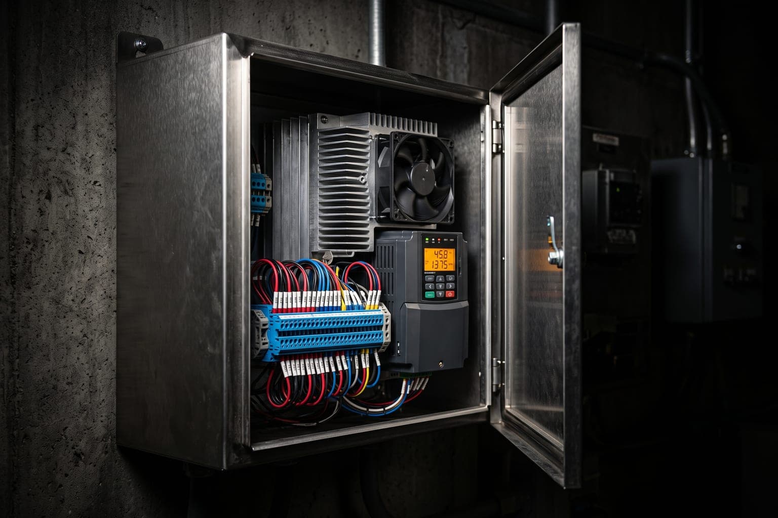 Open enclosure with a variable frequency drive, heat sink, cooling fan and wired terminal blocks