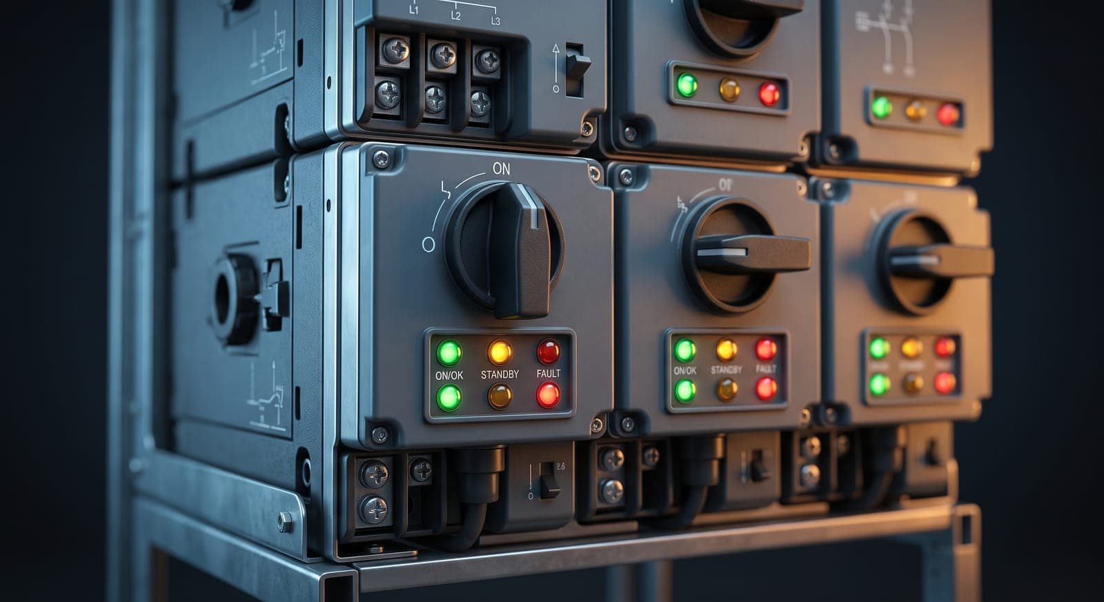 Stacked low-voltage switchgear modules with rotary isolators and status lamps