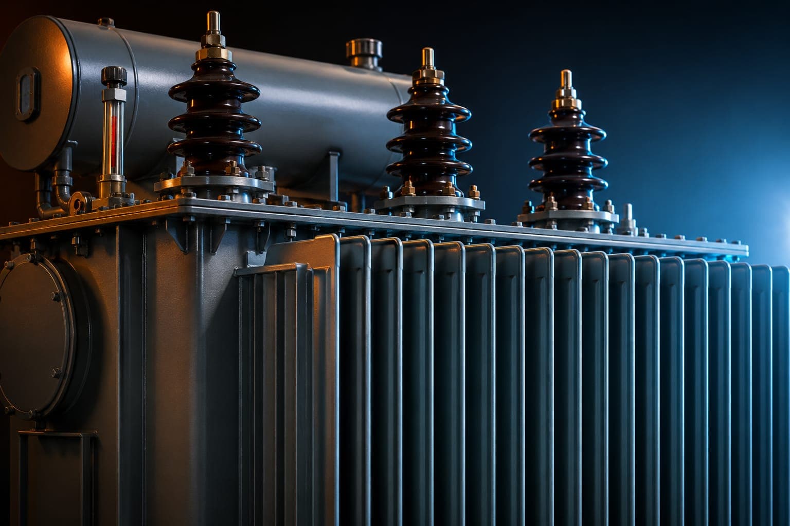 Distribution transformer cooling fins and high-voltage bushings